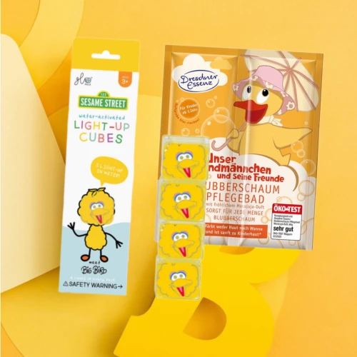 DUET IDEALNY Glo Pals, Kostki sensoryczne świecące w wodzie Wielki Ptak Ulica Sezamkowa PLUS PIANKA PAPLA - zabawka kąpielowa
