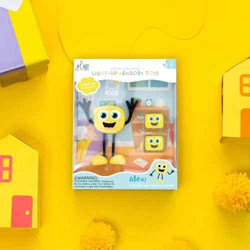 NOWY Glo Pals, Postać do kąpieli Alex - zestaw z dwiema kostkami sensorycznymi świecącymi w wodzie