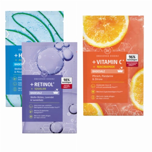 PAKIET BEAUTY - 3x80g aktywna sól do kąpieli 80g - SKWALEN + HIALURON + WITAMINA C - DRESDNER ESSENZ