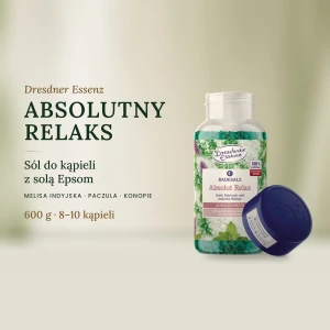 ABSOLUTNY RELAKS sól do kąpieli z solą Epsom 600 g – melisa indyjska, paczula, konopie | Dresdner Essenz