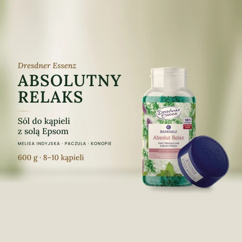 ABSOLUTNY RELAKS sól do kąpieli z solą Epsom 600 g – melisa indyjska, paczula, konopie | Dresdner Essenz