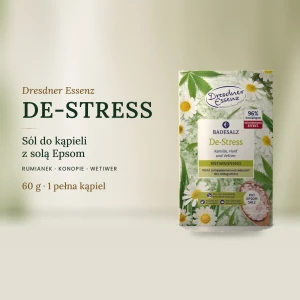 DE-STRESS sól do kąpieli z solą Epsom 60 g – rumianek, konopie, wetiwer | Dresdner Essenz