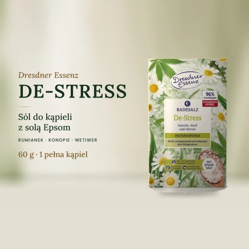 DE-STRESS sól do kąpieli z solą Epsom 60 g – rumianek, konopie, wetiwer | Dresdner Essenz