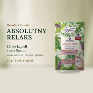 ABSOLUTNY RELAKS sól do kąpieli z solą Epsom 600 g – melisa indyjska, paczula, konopie | Dresdner Essenz