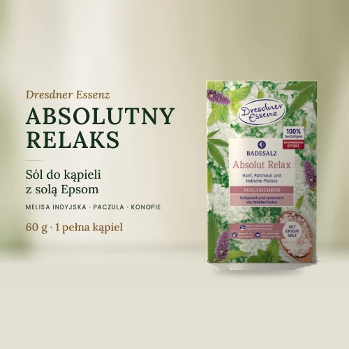 ABSOLUTNY RELAKS sól do kąpieli z solą Epsom 600 g – melisa indyjska, paczula, konopie | Dresdner Essenz